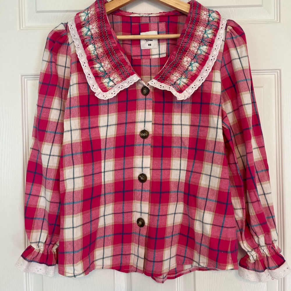 Tach Clothing Pink Cotton Flannel Plaid Blouse